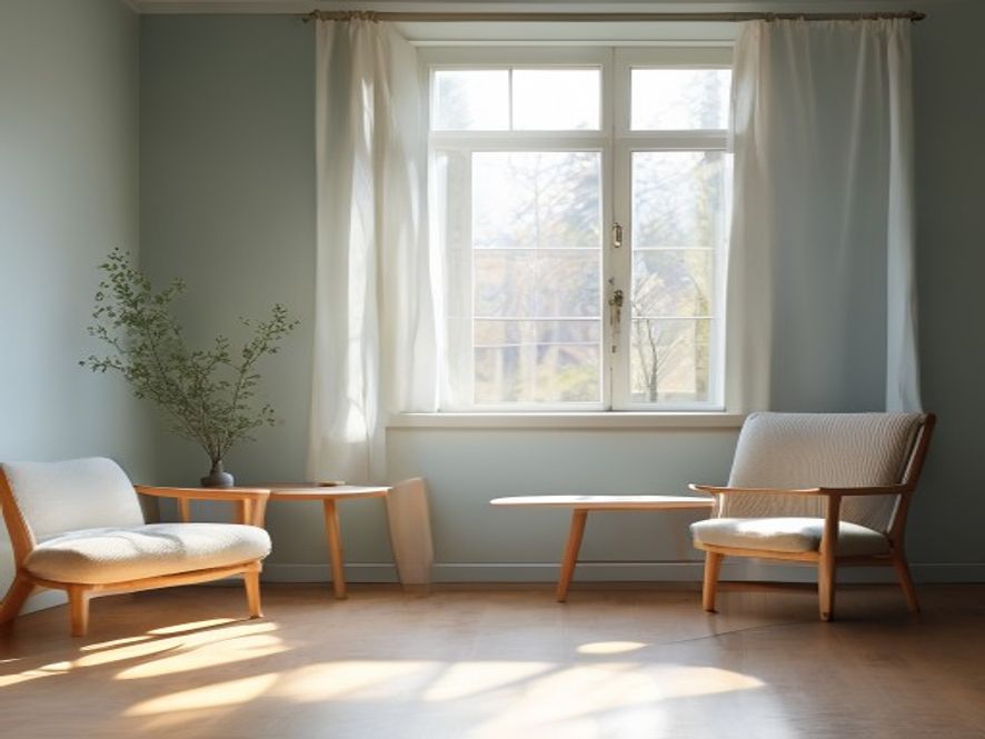 Morgenafslappingstid Stille morgenmiljø med blødt naturligt lys gennem vinduet