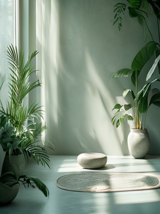 Indendørs afslappingsmiljø Meditativ stilling med planter og dæmpet belysning